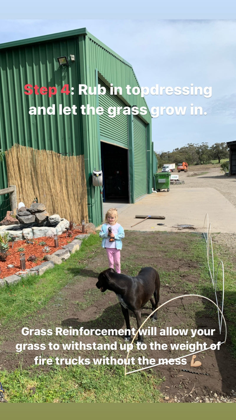 The topdressed grass reinforcement area beside the Turfmate shed, with a child and dog nearby.