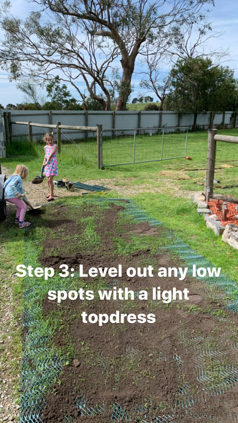 Light topdressing being spread over low spots in the mesh installation at Turfmate.