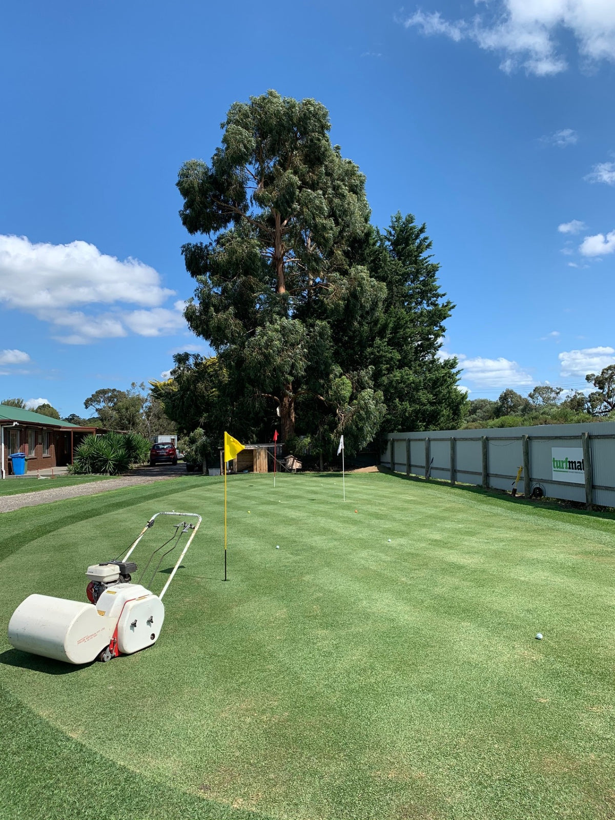 A reel mower on the freshly striped lawn at Turfmate.