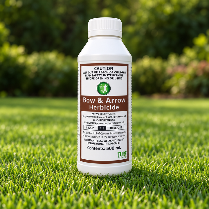 Bow & Arrow Herbicide 500 mL bottle pictured on a lawn