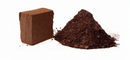 Compressed coir block beside a loose pile of peat and coir chips